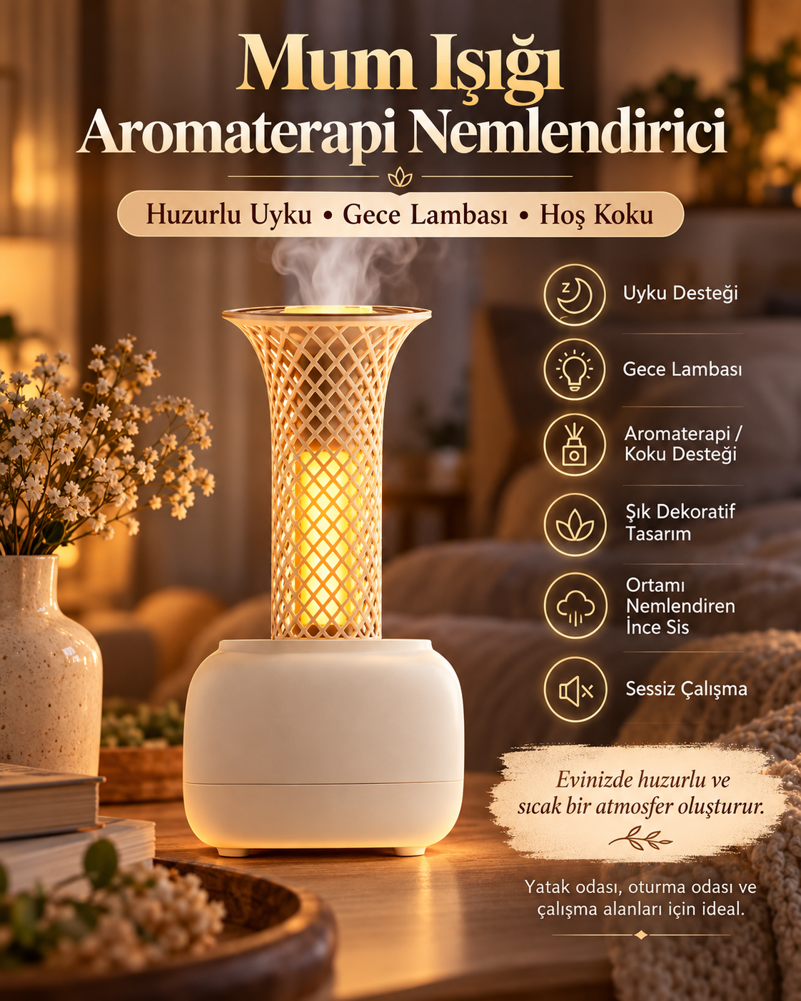 4 Adet Esans Hediyeli Mum Işığı Efektli Aromaterapi Hava Nemlendirici 120 ML RGB LED Gece Lambalı USB Koku Difüzörü